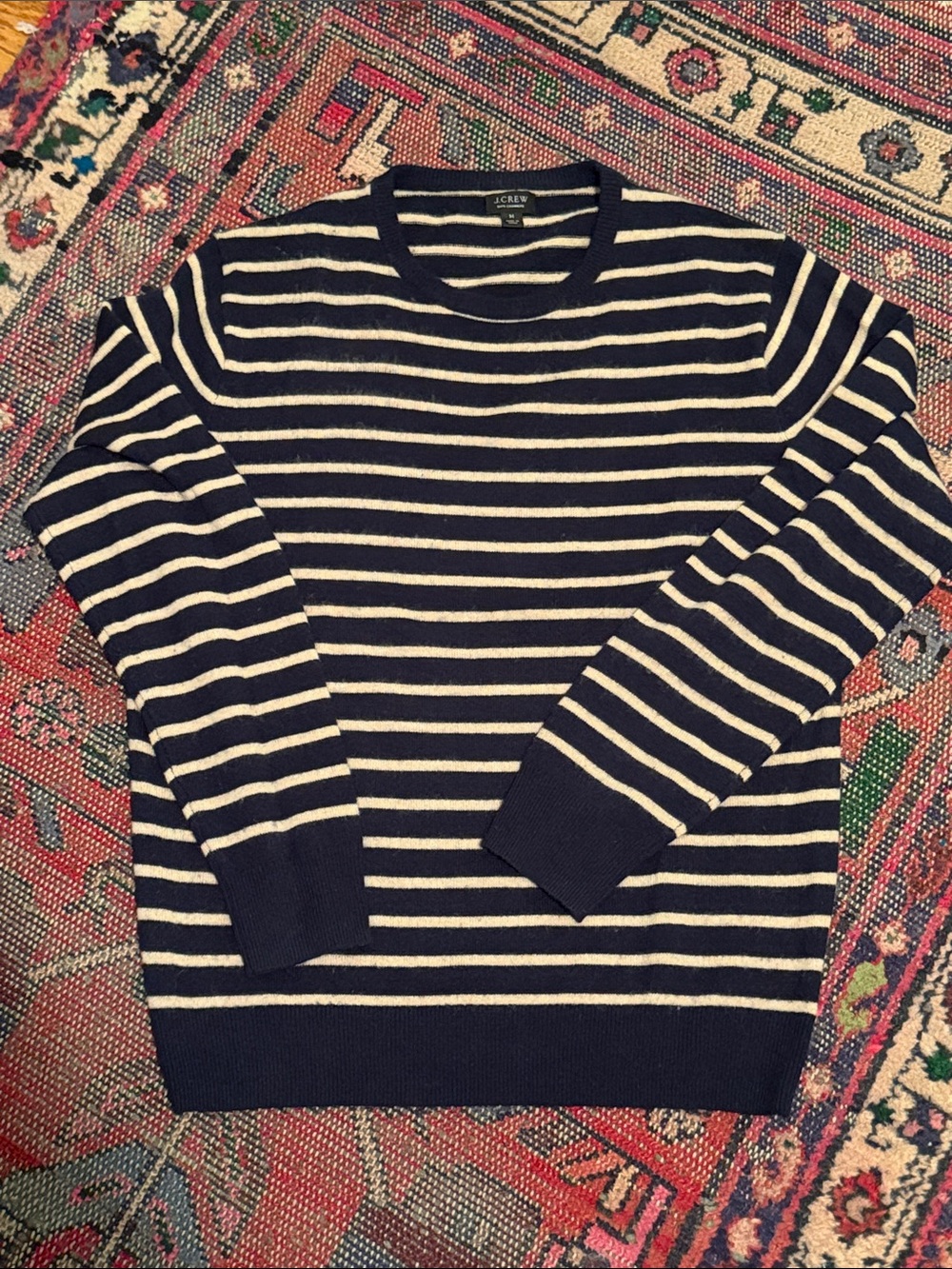 J. Crew Men's Black and Tan Striped Cashmere Crewneck Sweater.